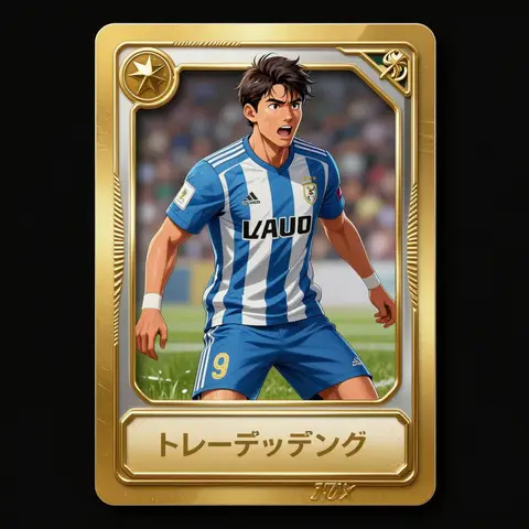 サッカー選手トレーディングカード、サイズ:800×1000px、メタリックゴールドの外周フレーム、立