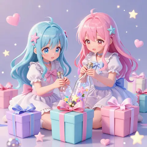 2人の可愛いアニメ風の女の子が瓶の中にラッピングされたプレゼント、リボン、星、ハート、キラキラなどを