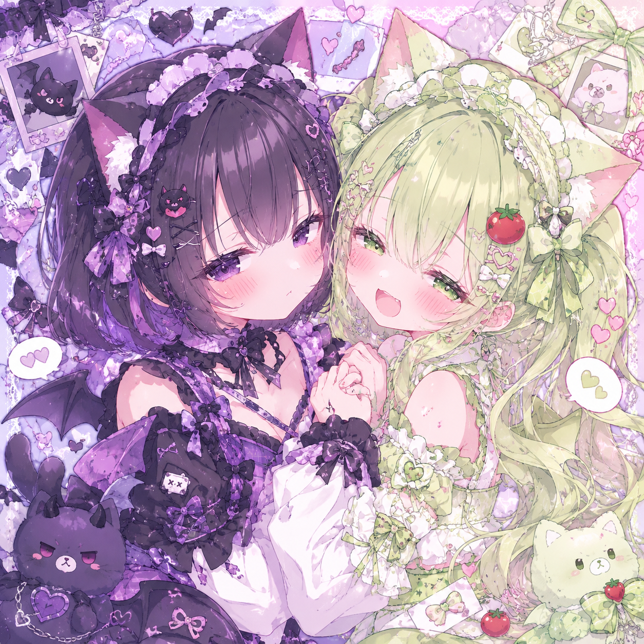 女の子 ペア画(カップル) かわいい 百合 猫耳 背景装飾多め
右:黄緑イメージ、ロングヘア、かわい