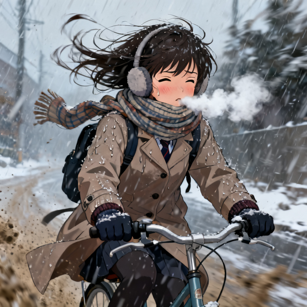 女子高生、アニメキャラ風、自転車通学、土砂降り、ずぶ濡れ、暴風が吹き荒れる、髪が乱れる、雨具が乱れる