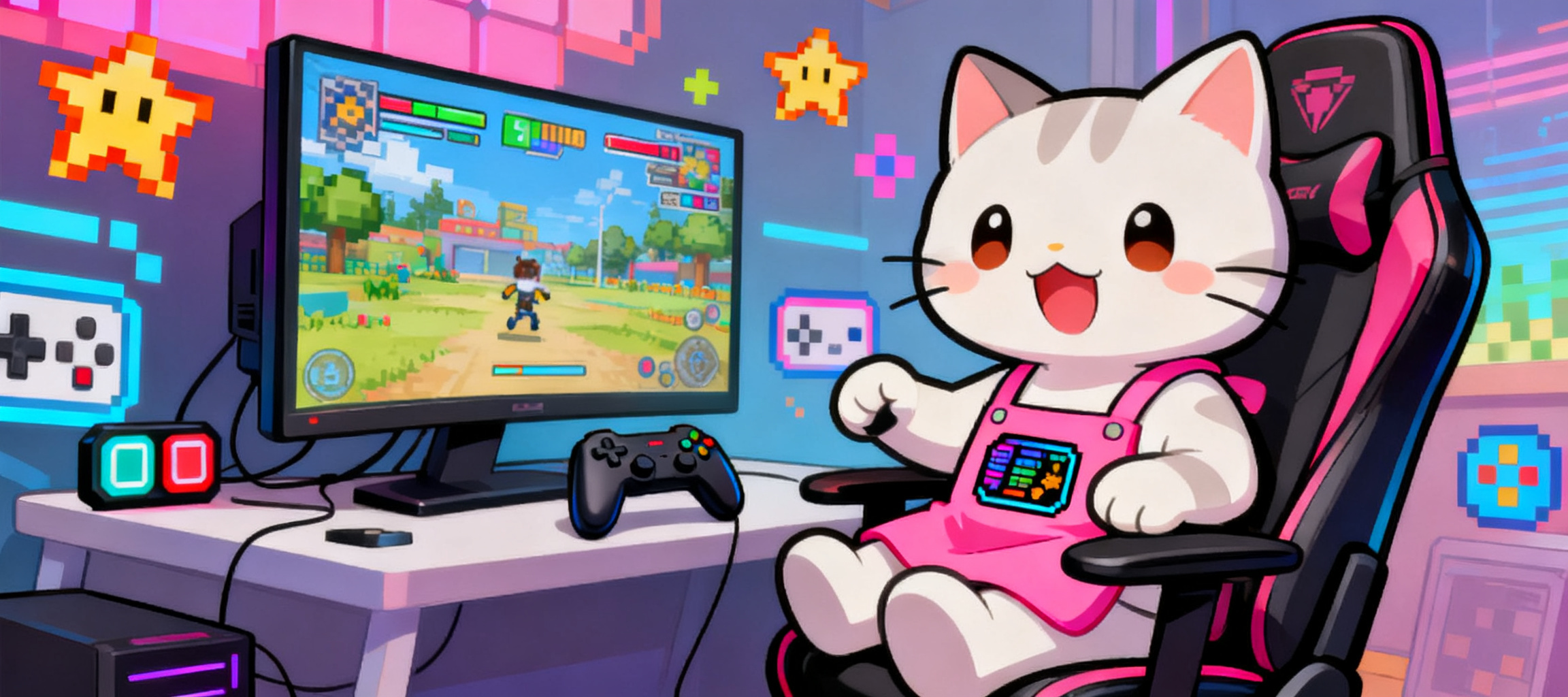 ボンゴキャットを使用してゲーム配信している様子とポップで可愛くゲーム柄で装飾してほしい