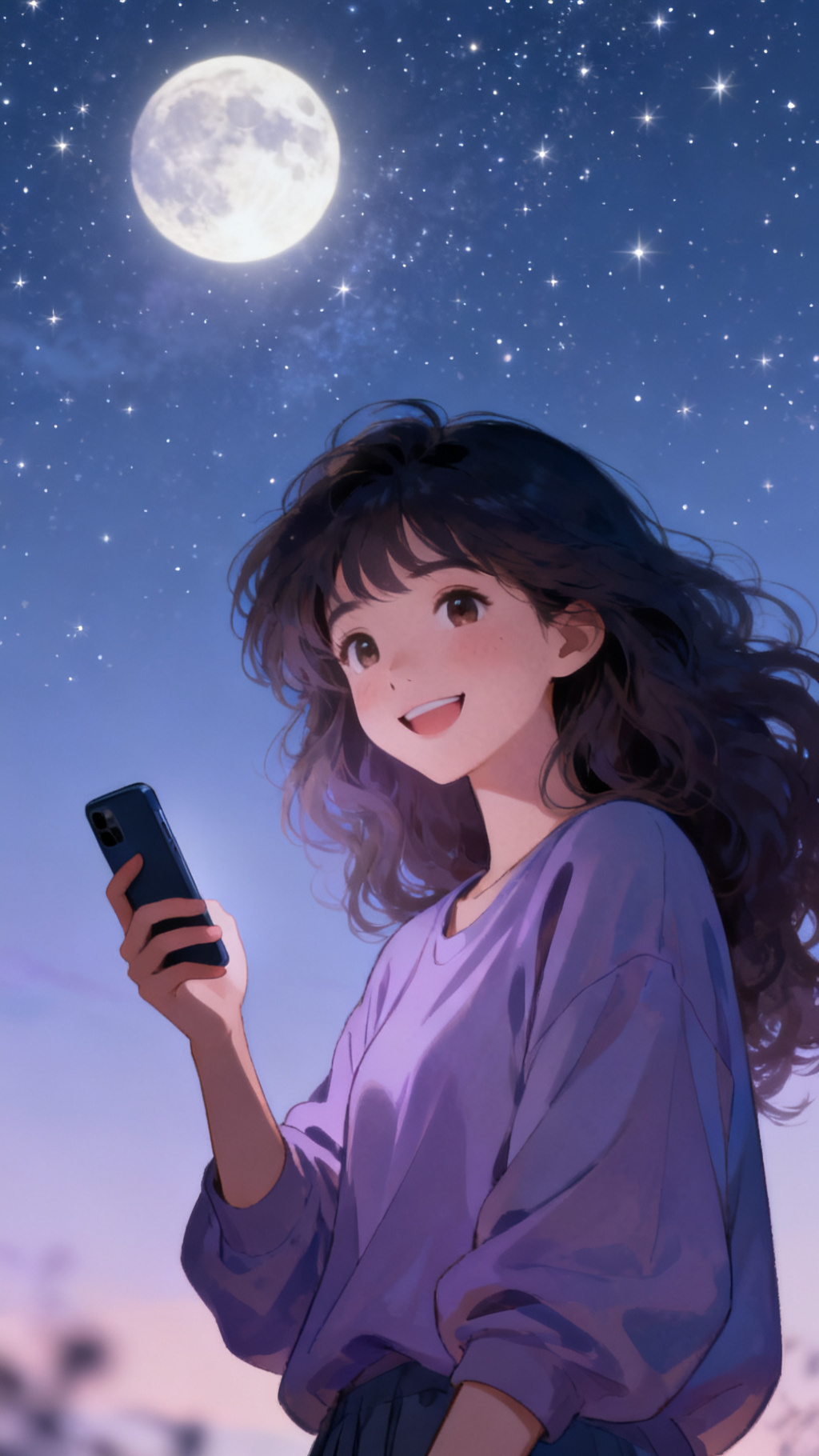 20代の女の子が一人、ふんわりとしたロングヘア、夜空の下でやさしく微笑んでいる、ラフなカジュアル服装