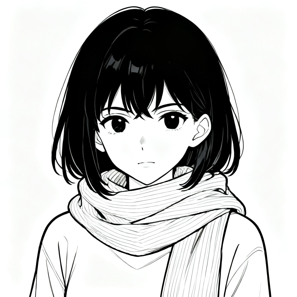 アニメ調の黒髪の女の子で、いつもマフラーを巻いているよ。黒目と少し大人びた顔立ち。髪は短めで肩くらい