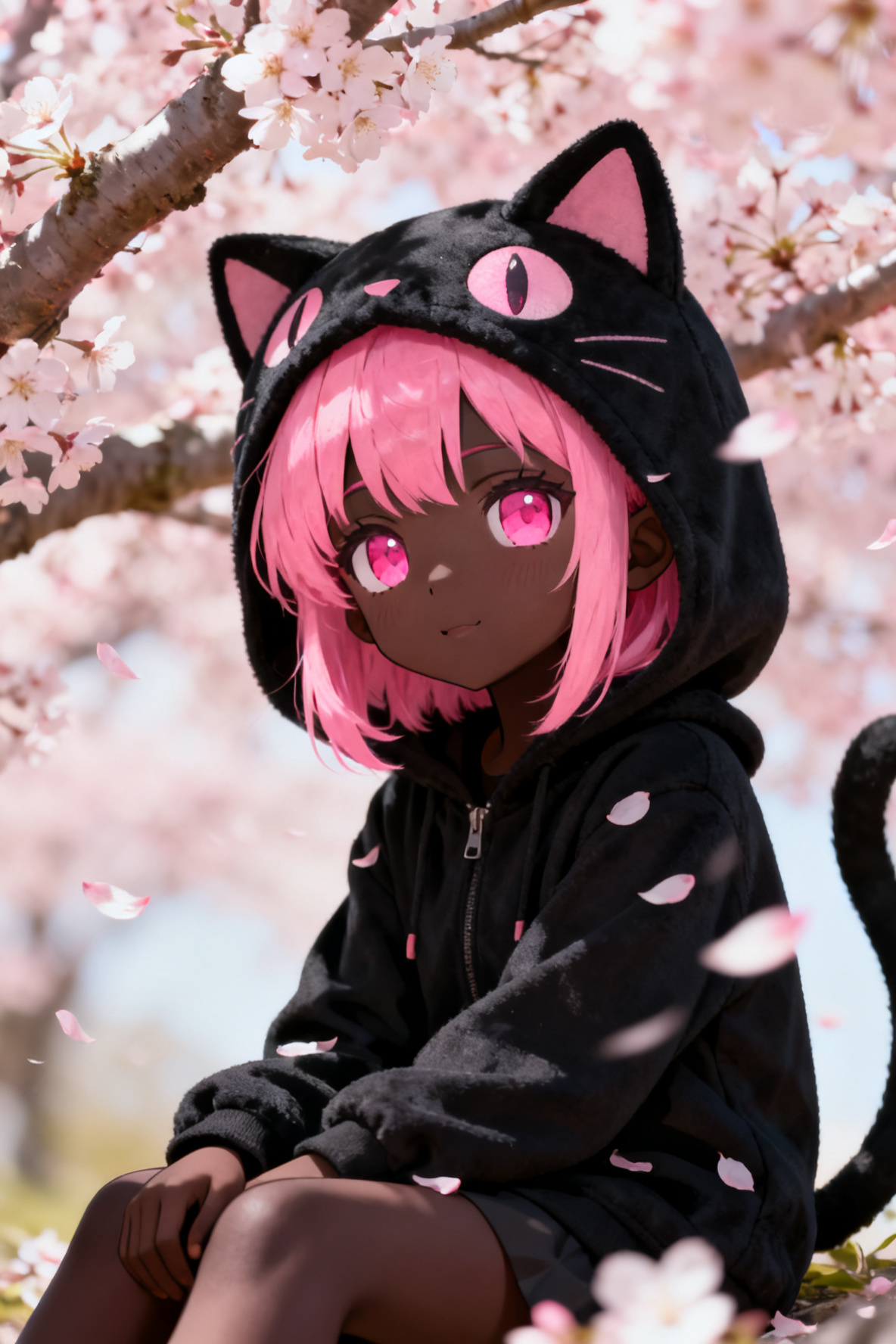 A black girl with hot pink hair, pink eyes, wearin