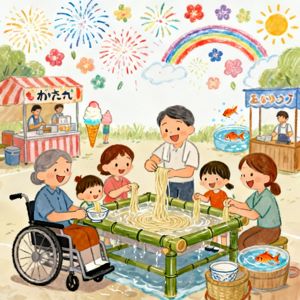 多くの人が集まる夏祭りの会場。7月18日の昼間、障害のある人たちが主役の流しそうめん大会。竹の流しそ