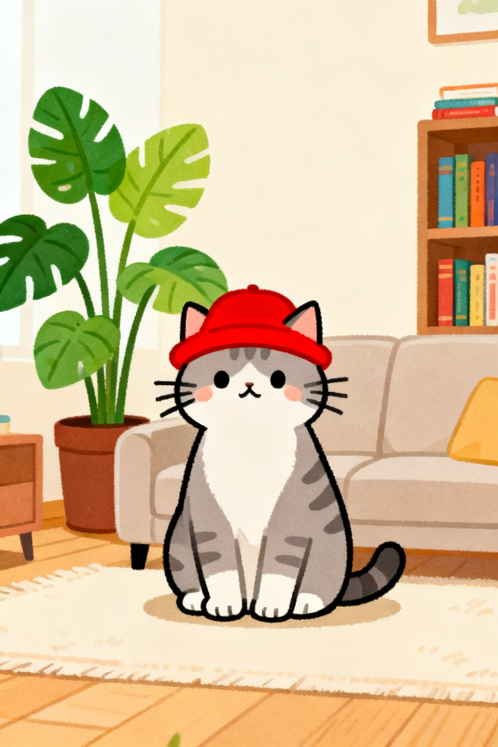 かわいいイラスト、明るい色合い、子ども向け、リビングルームで猫が座っているシーン。
猫は赤い帽子をか