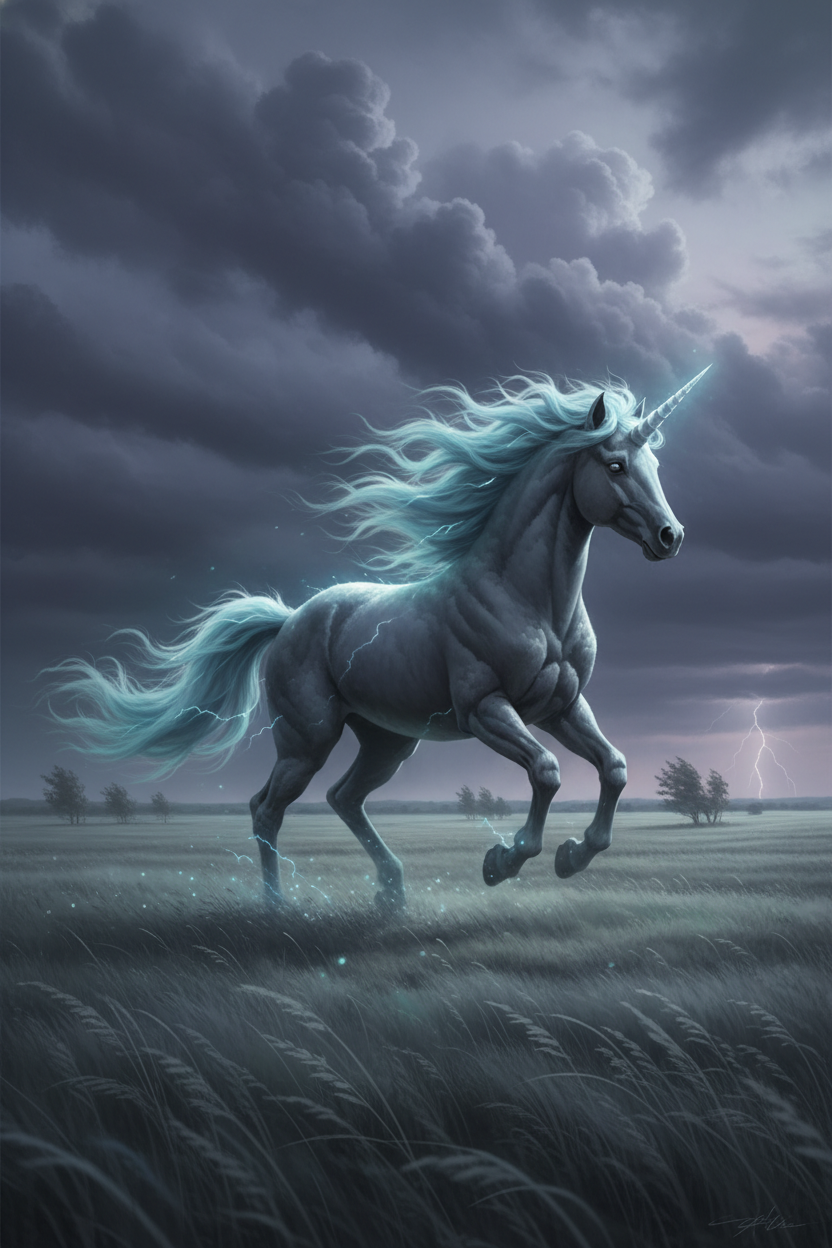 A unicorn pony that is based on grey clouds. The v
