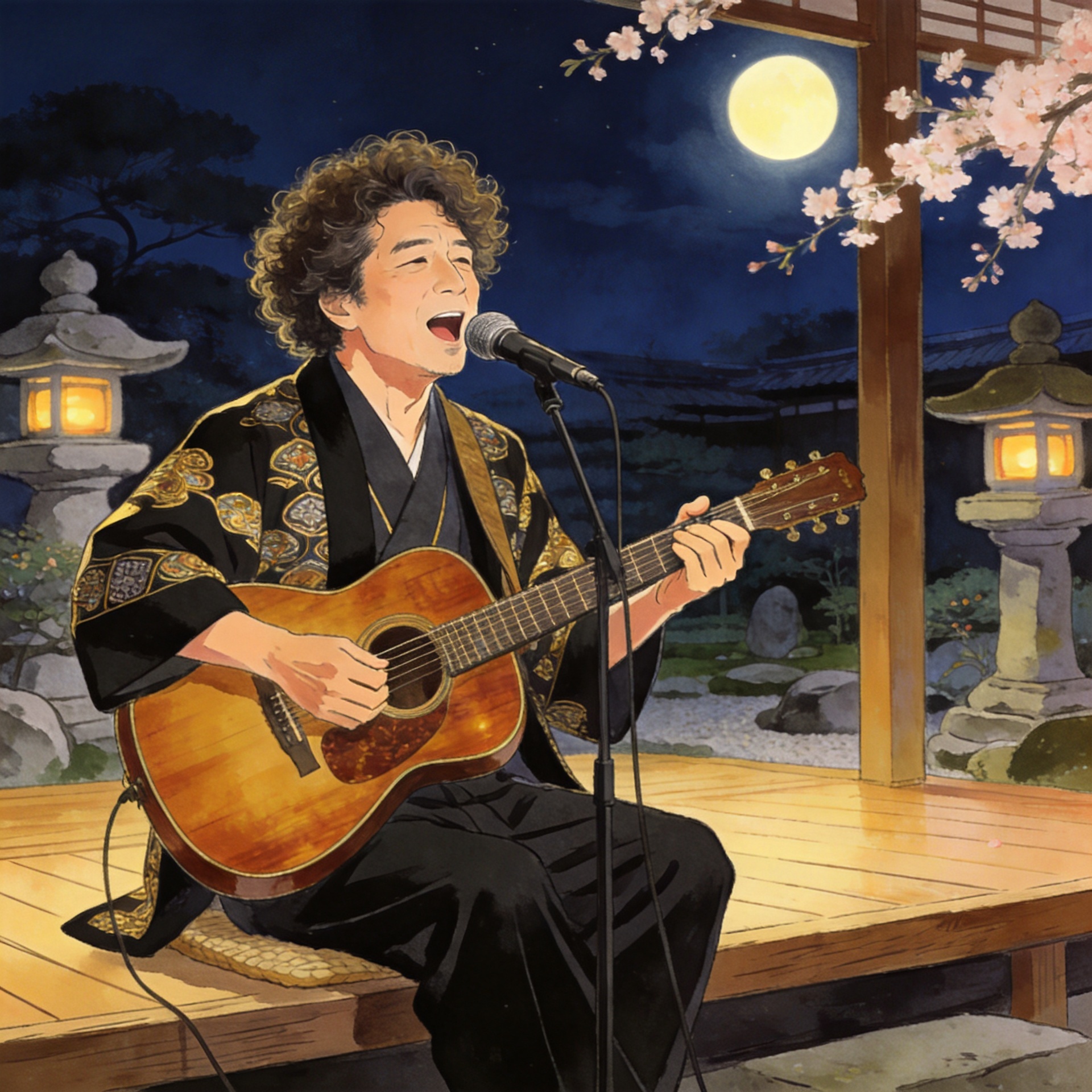 夜 弾き語り 40代男性 和装 イラスト風 和風背景 パーマ 髭無し