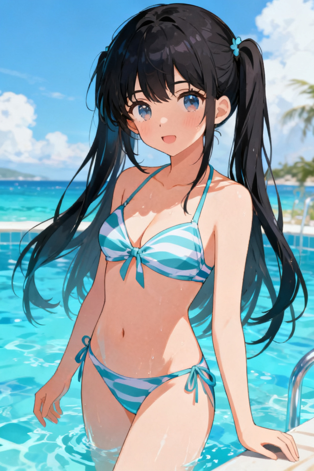 アニメ風で黒髪で綺麗な水着の女性