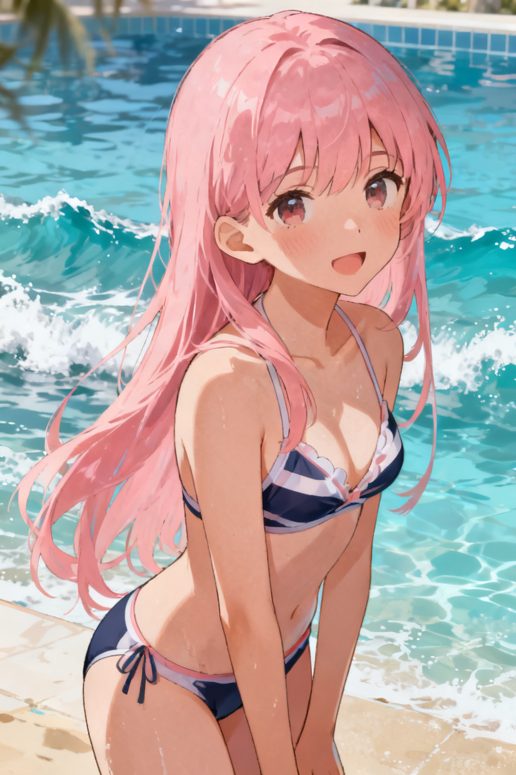 女の子、二次元、桃髪、水着