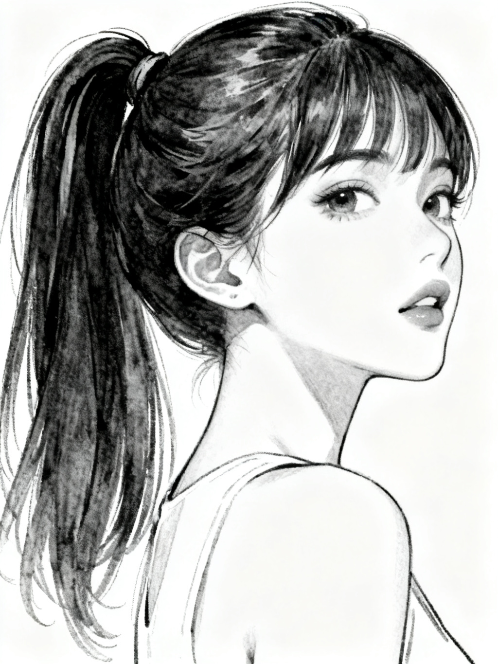 ポニーテールの顎しゃくれ美人を描いて