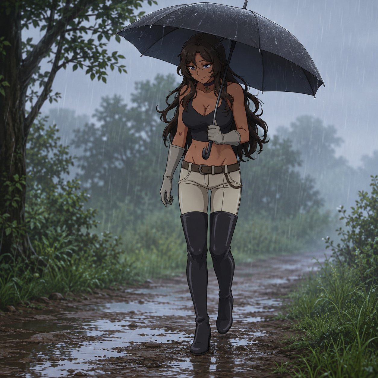 雨の日に傘をさして土の上を気にしながら歩いている姿でお願いします